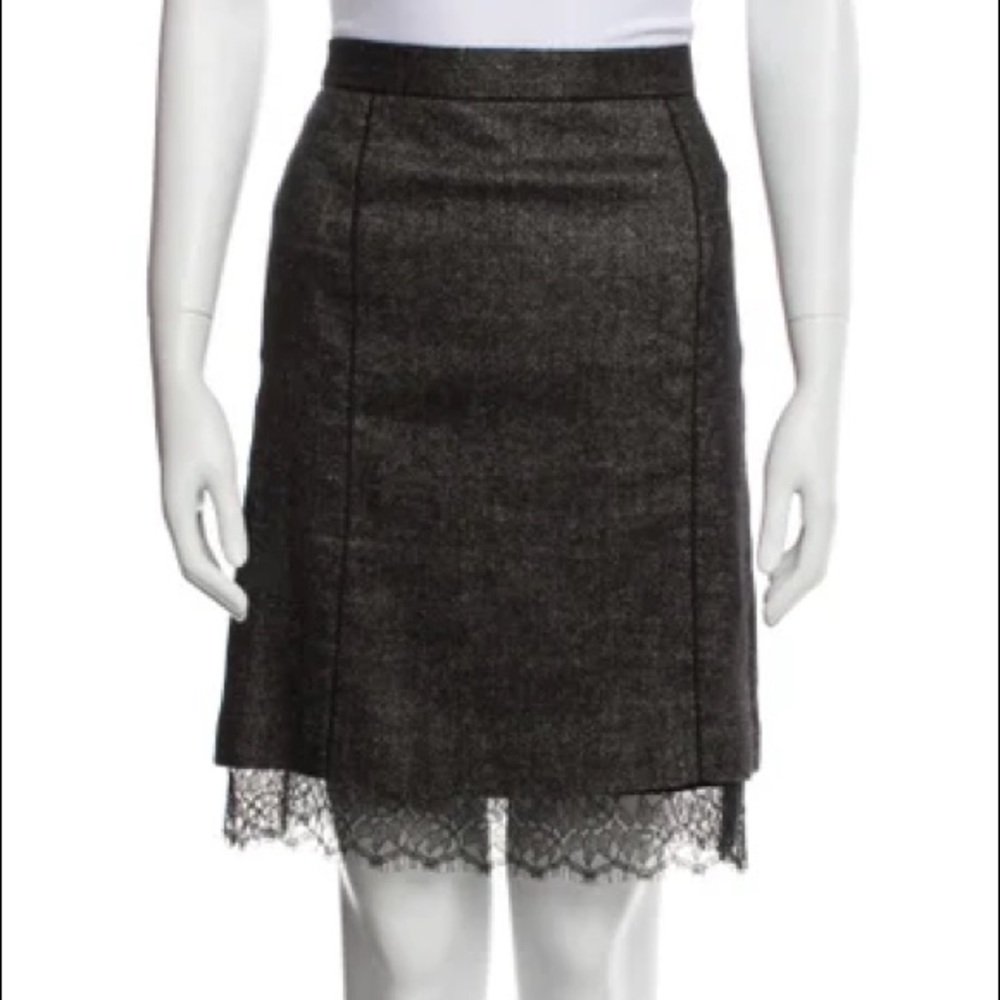 Rebecca Taylor wool blend skirt knee length lace trim high waist gray